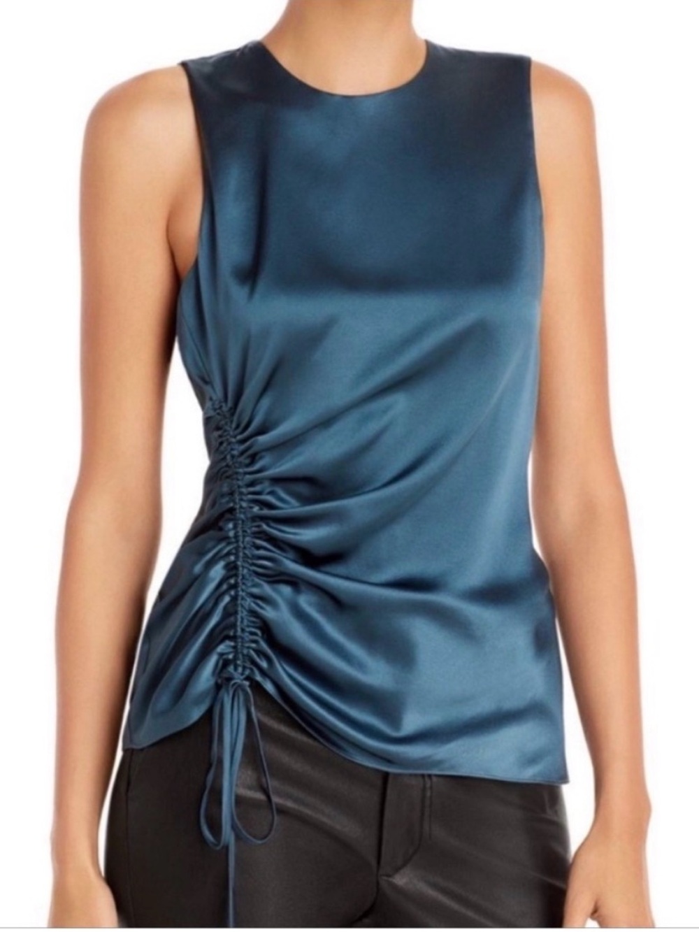 Cinq à Sept Alexia Ruched Drawstring Silk Top Blouse Teal Size XS